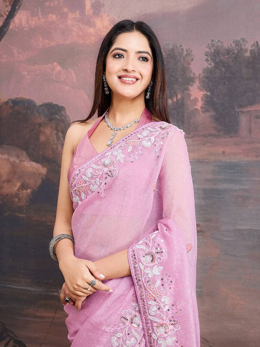 Pink Designer Crunchy Organza Silk Saree