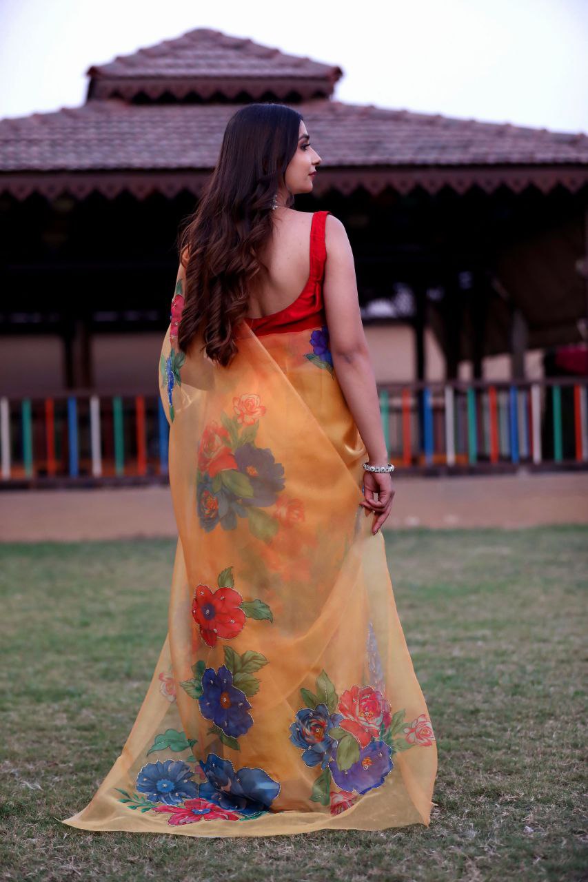 Designer Floral Printed Organza Saree