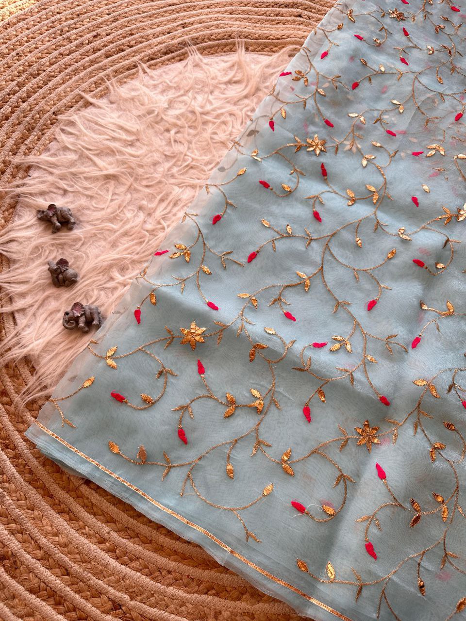 Designer Gota Worked Organza Saree In Sky