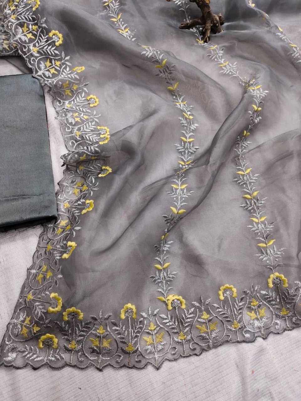 Designer Gray Organza Silk Saree