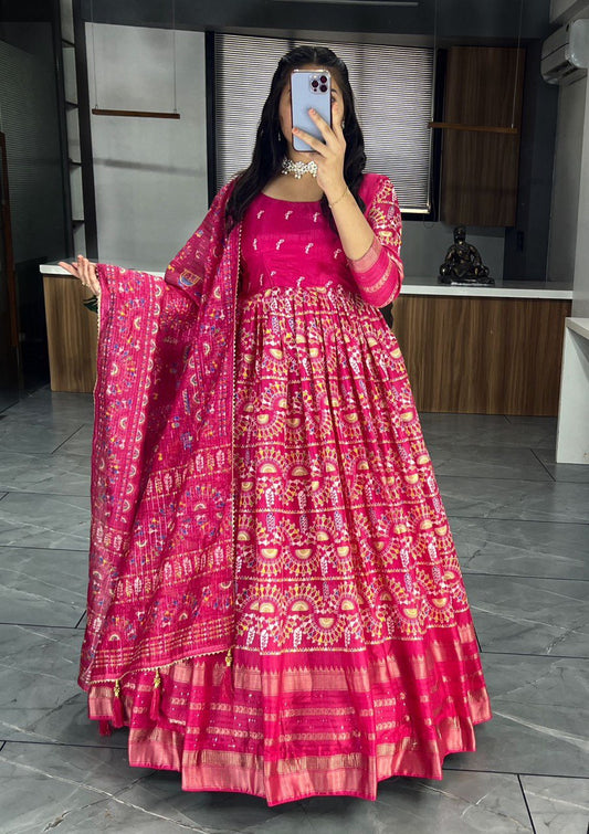 Rani Pink Designer Long Gown Dress With Dupatta