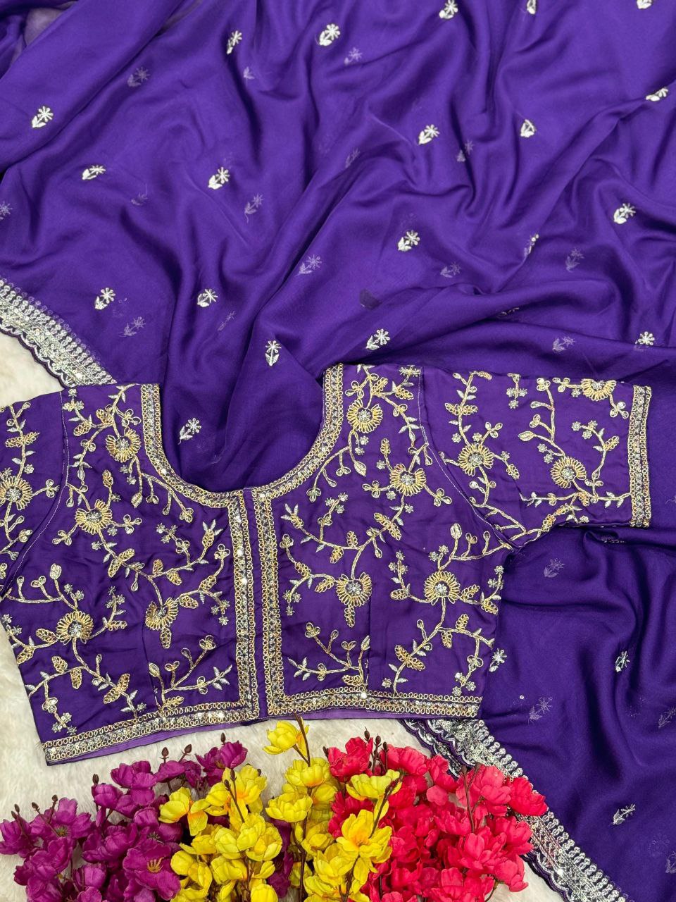 Purple Designer Organza Tabby Silk Saree