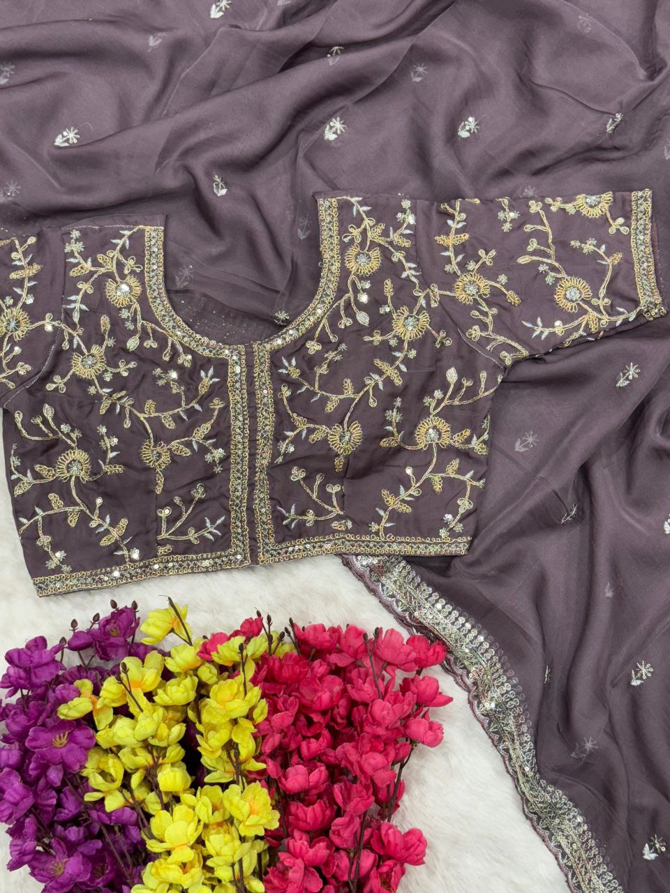 Purplish Grey Designer Organza Tabby Silk Saree