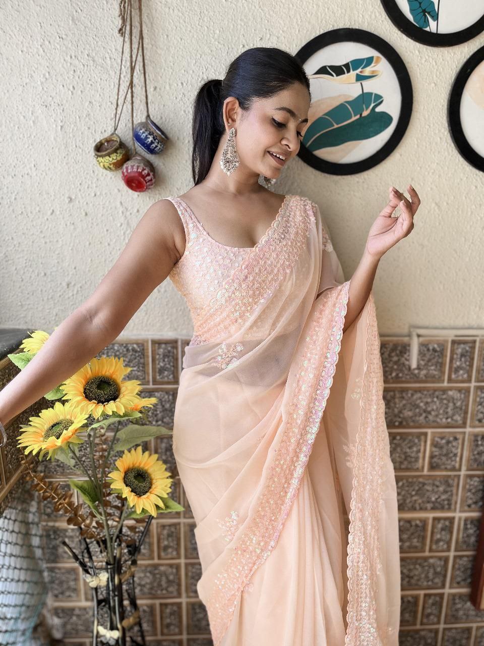 Peach Designer Party Wear Georgette Saree