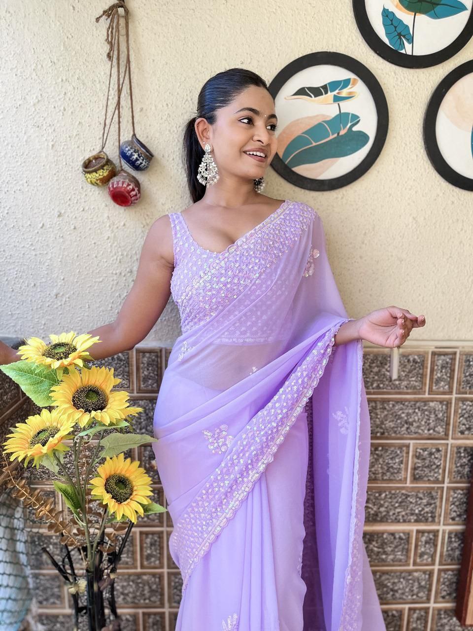 Lavender Designer Party Wear Georgette Saree
