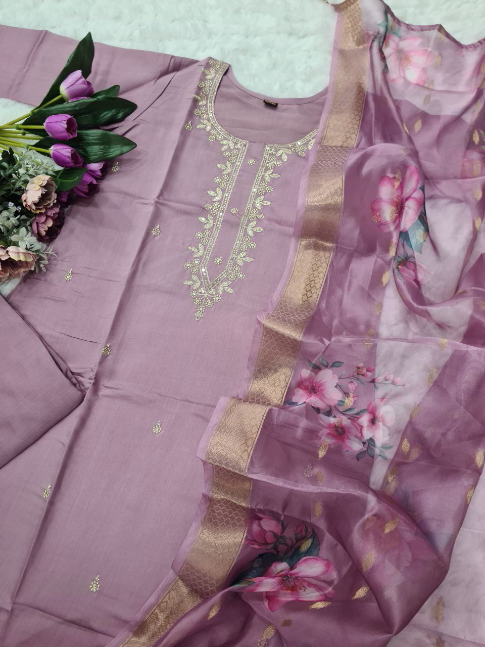 Designer Vichitra Silk Kurta Set With Dupatta