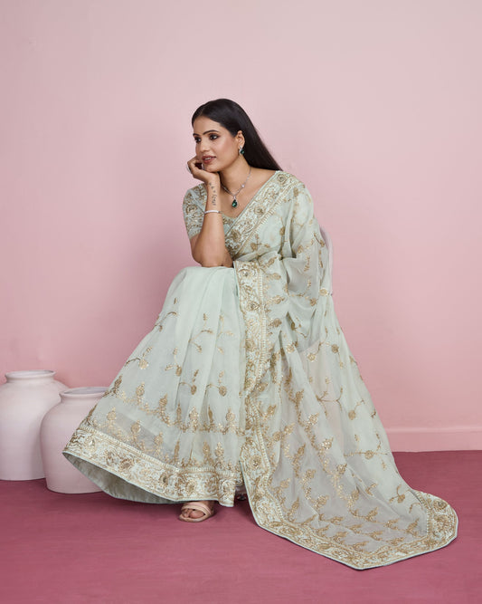 Designer Pista Wedding Wear Taby Silk Organza Saree