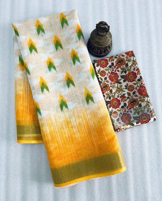 Yellow Digital Formal Printed Linen Saree