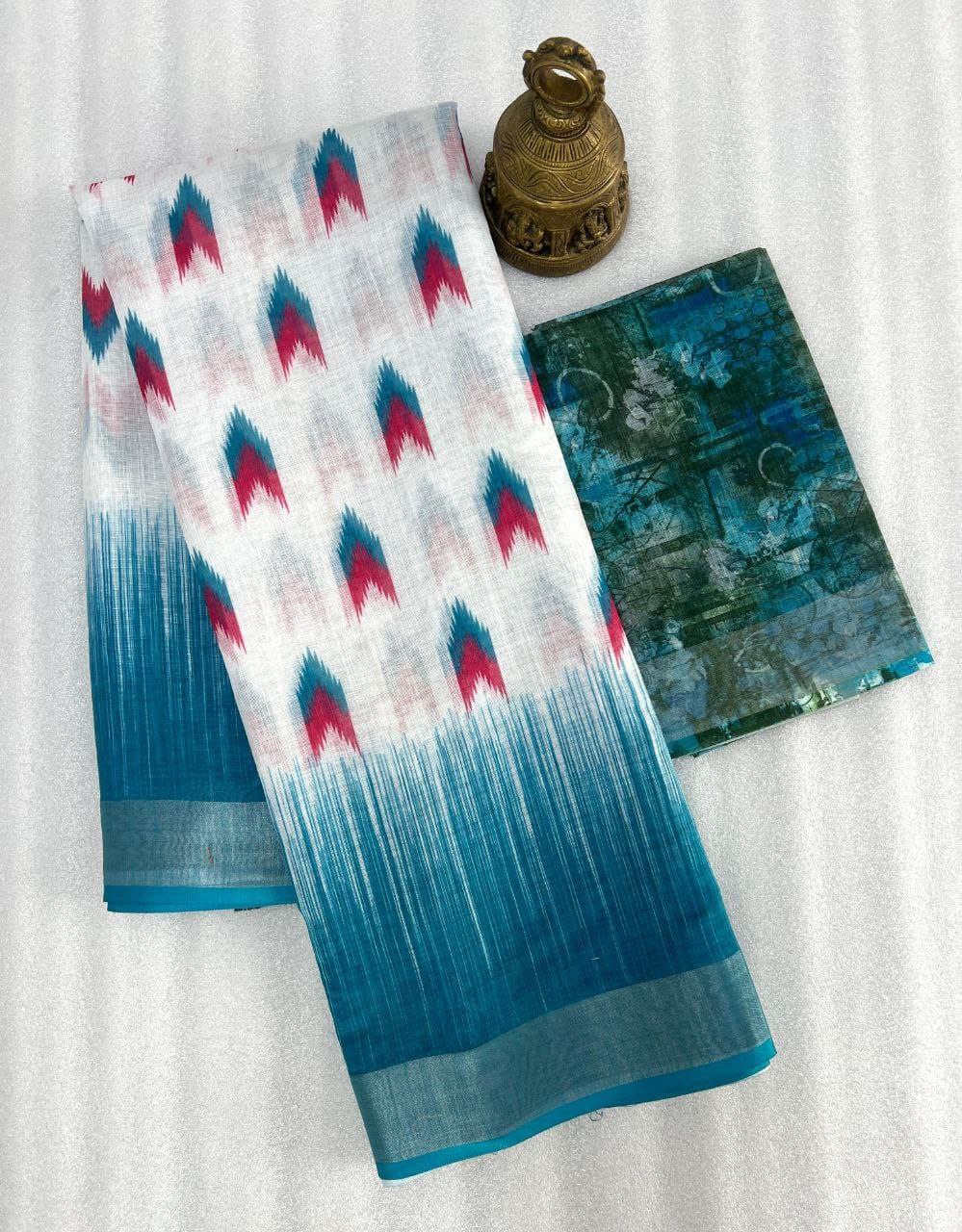 Teal Digital Formal Printed Linen Saree