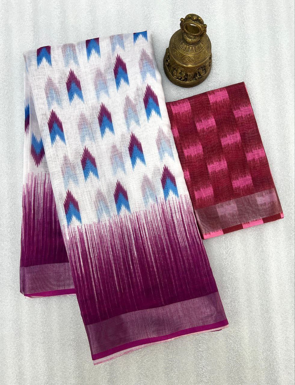 Magenta Digital Formal Printed Linen Saree