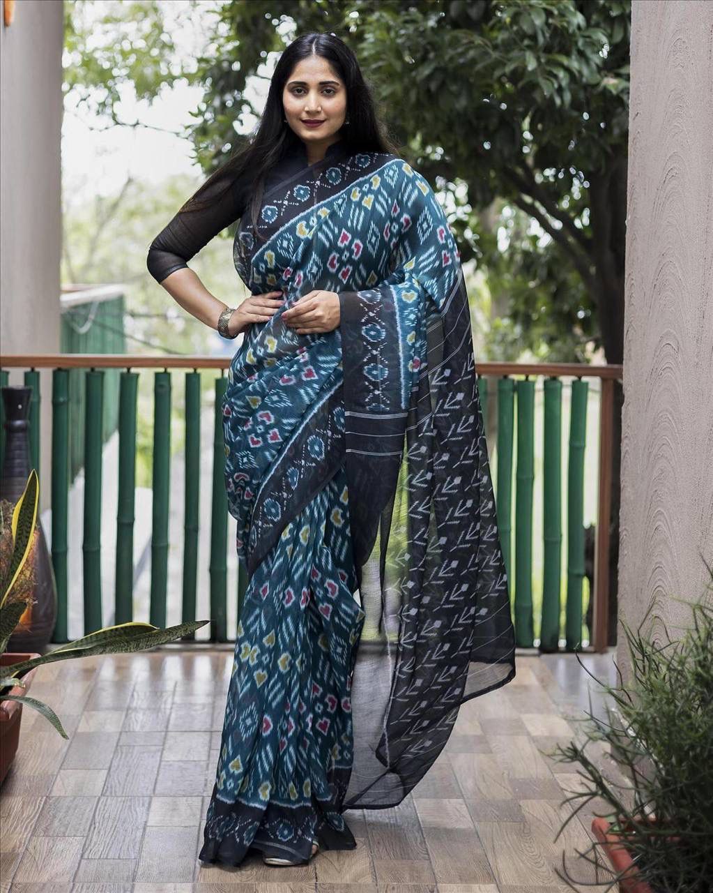 Digital Ikkat Printed Formal Linen Saree
