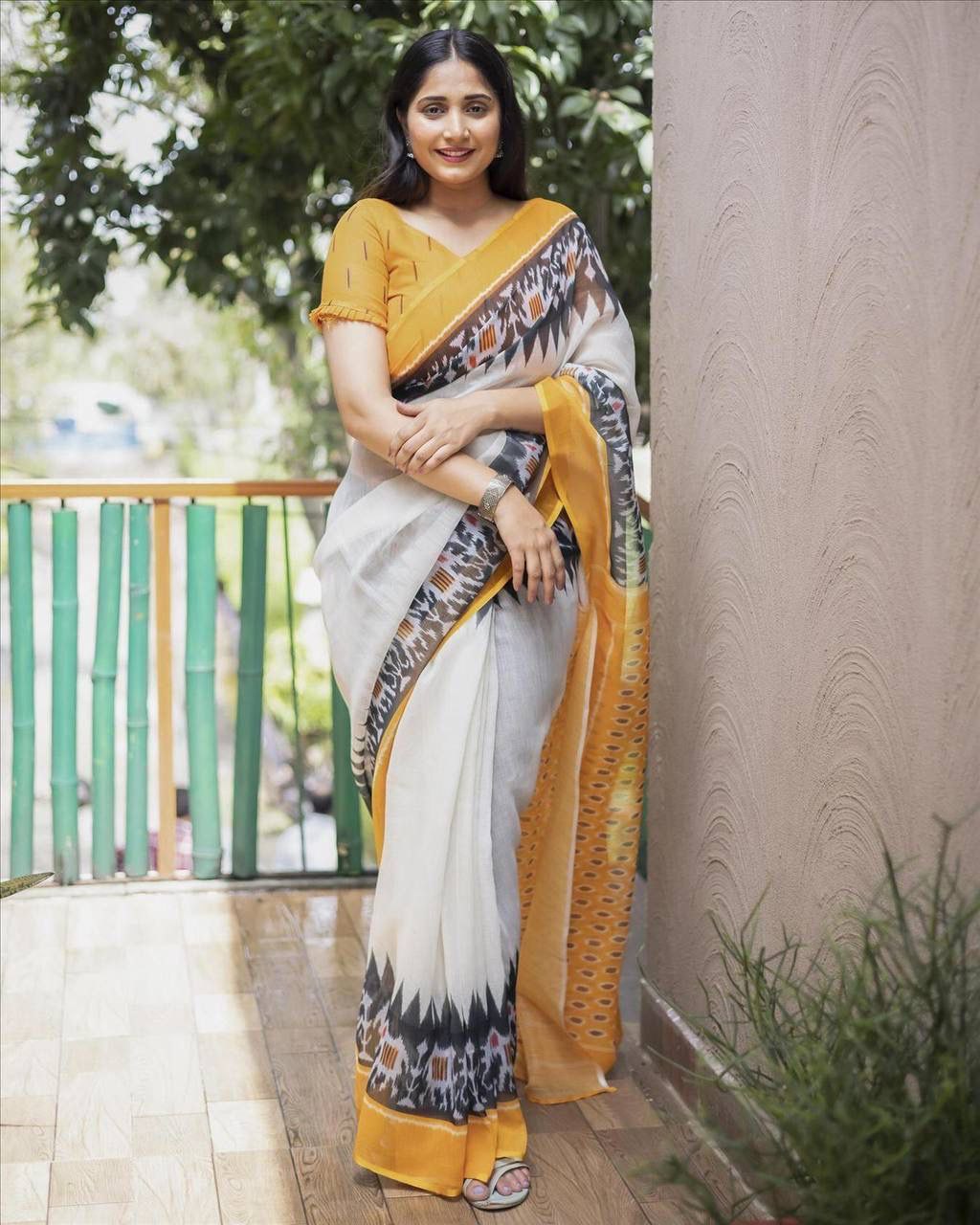 Digital Ikkat Printed Formal Linen Saree