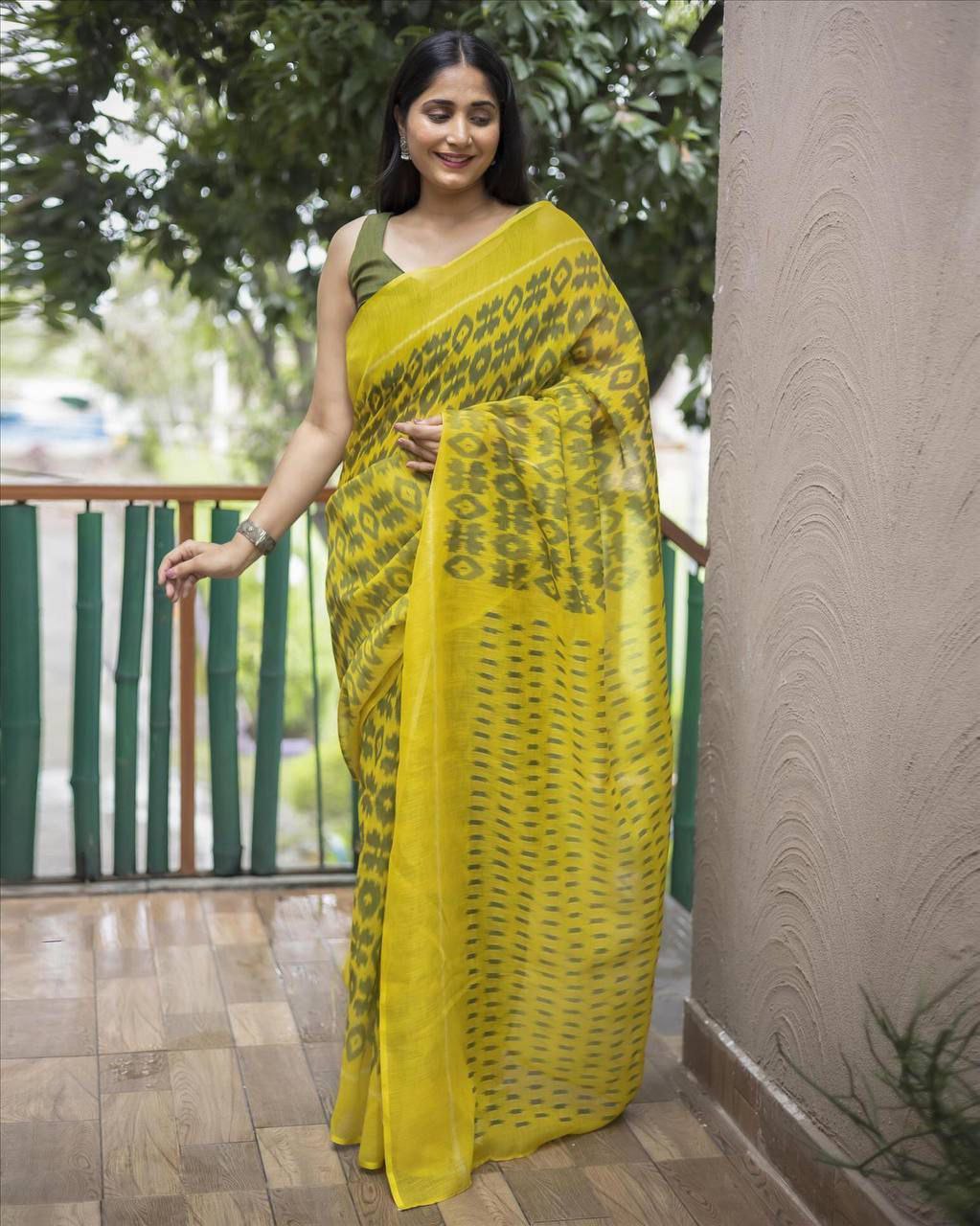 Digital Ikkat Printed Formal Linen Saree