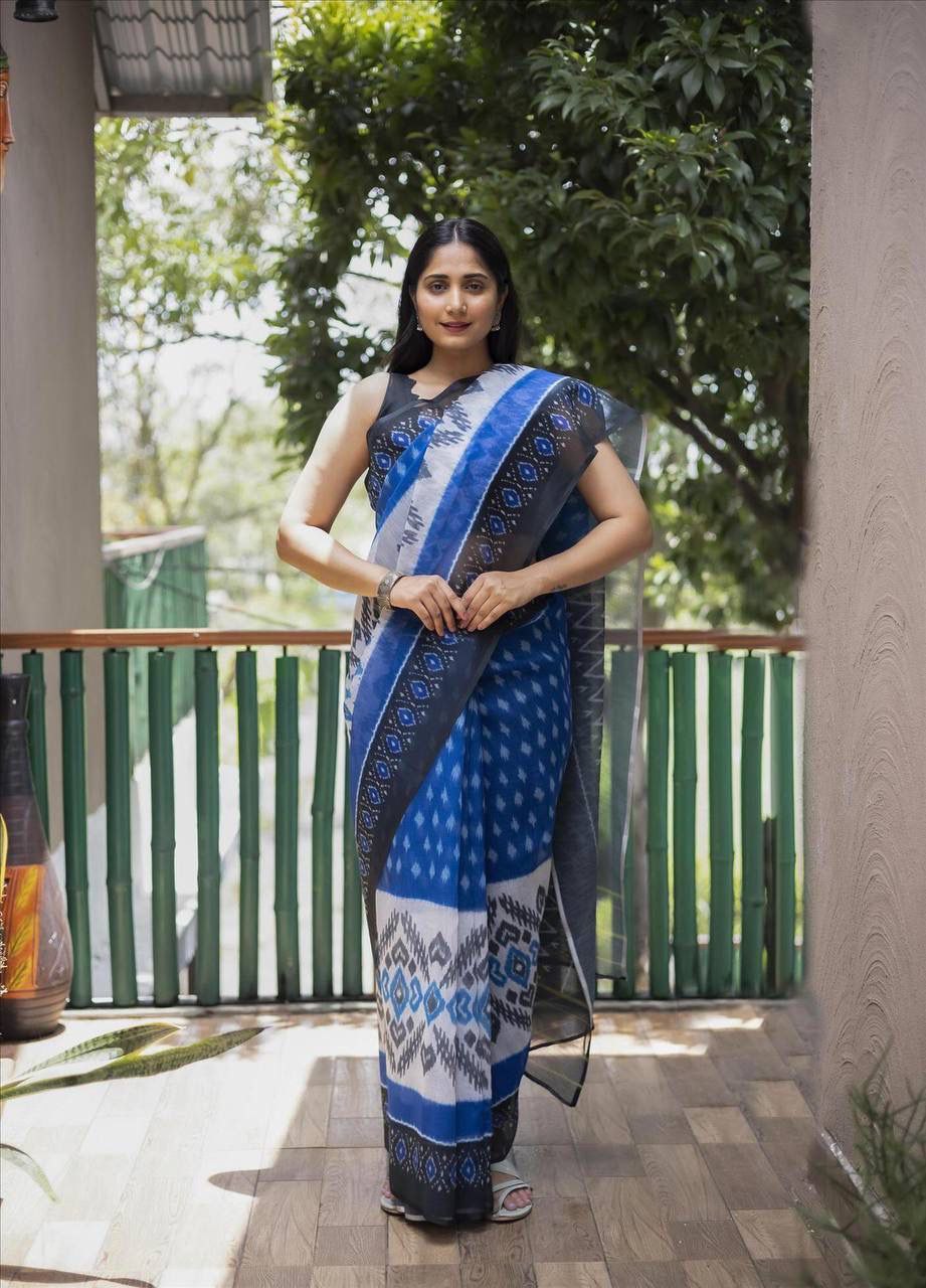 Digital Ikkat Printed Formal Linen Saree