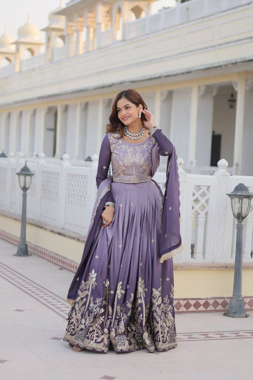 Gray & Wine Lavender Chinon Lehenga Choli For Wedding