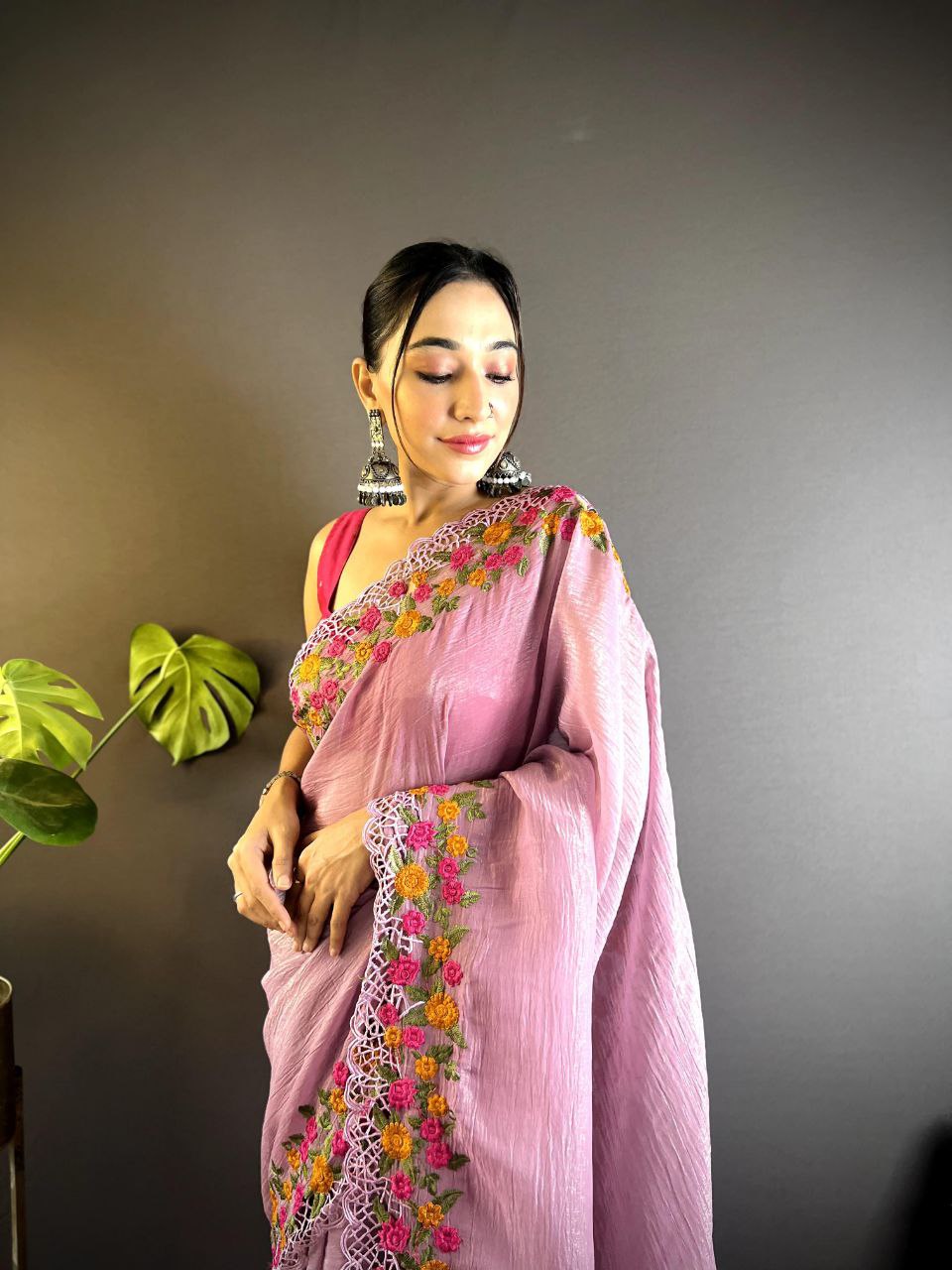 Dusty Lavender Party Wear Gold Crunchy Saree