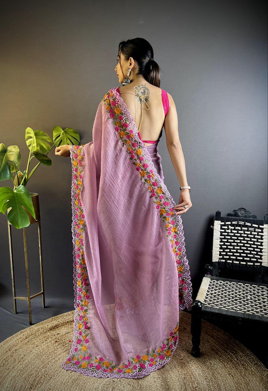 Dusty Lavender Party Wear Gold Crunchy Saree