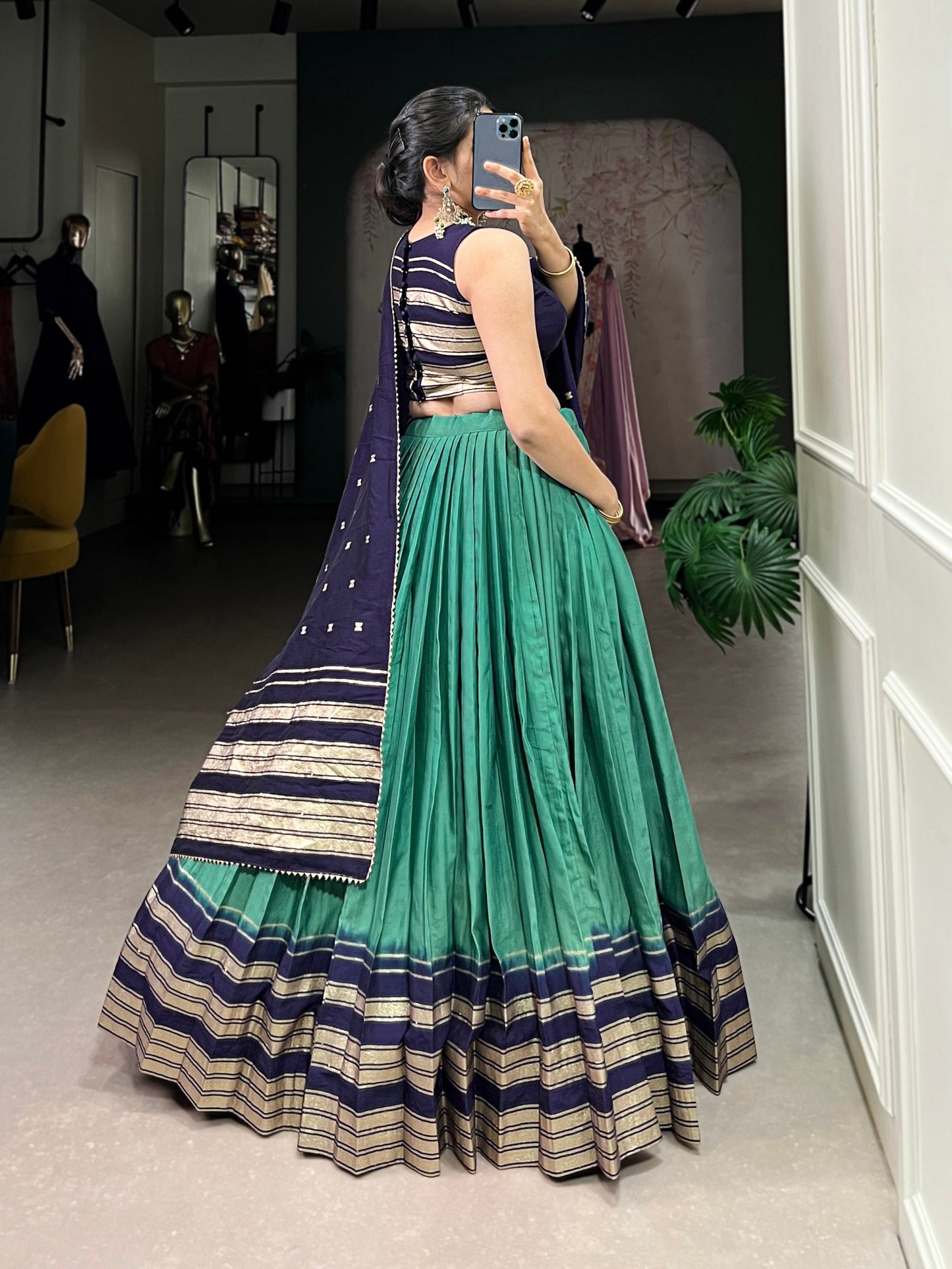 Firozi & Navy Designer Chanderi Lehenga