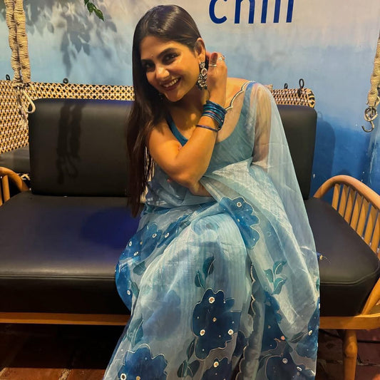 Floral Handprinted Organza Saree