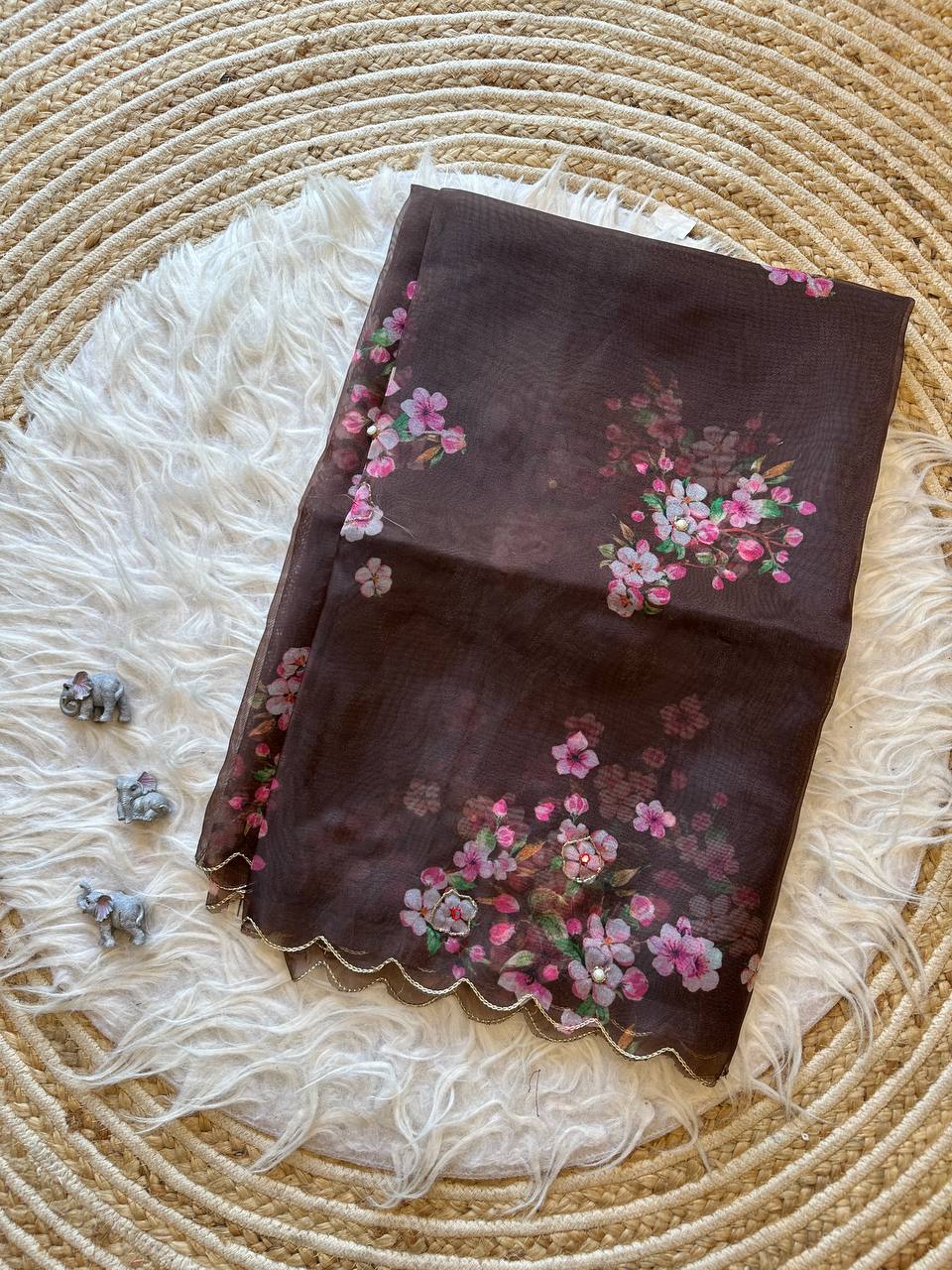 Brown Floral Organza Silk Saree