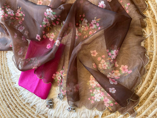Brown Floral Organza Silk Saree