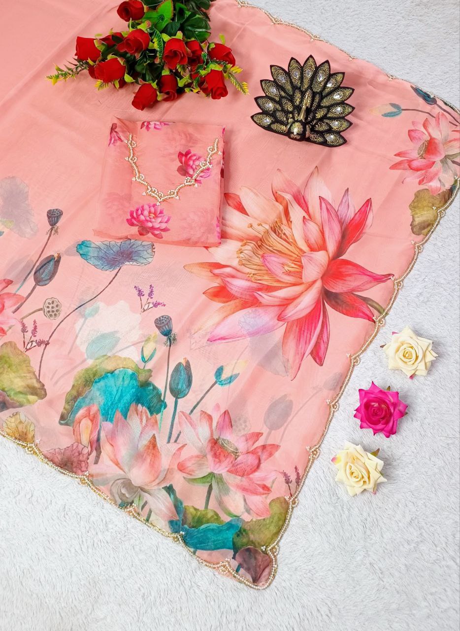 Floral Party Wear Ready Made Organza Silk Saree