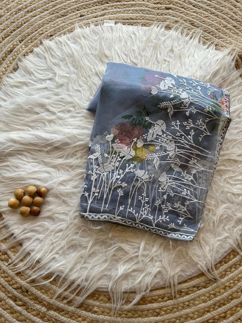 Gray Floral Printed Organza Silk Saree