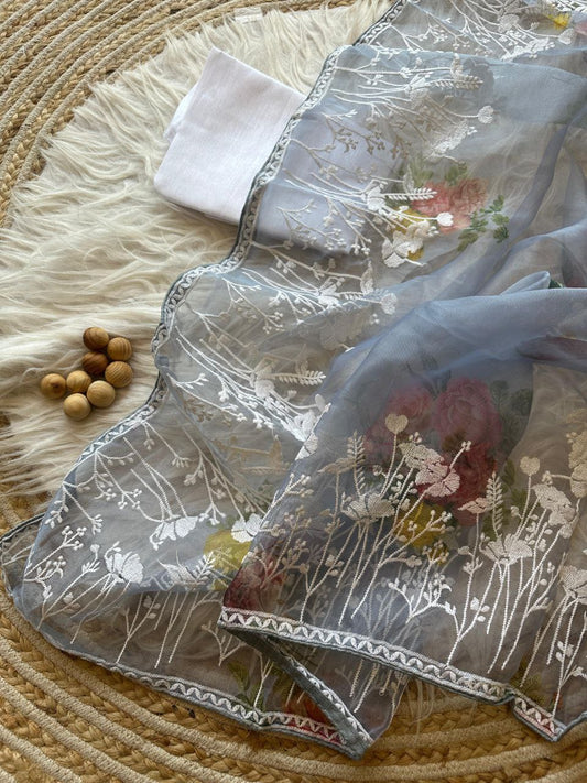 Gray Floral Printed Organza Silk Saree
