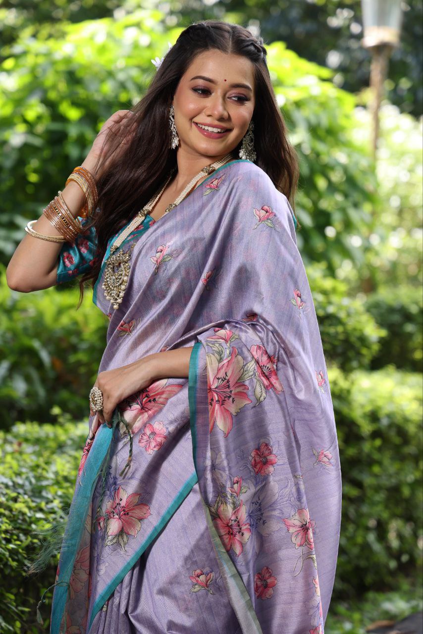 Floral Printed Tussar Silk Saree For Wedding