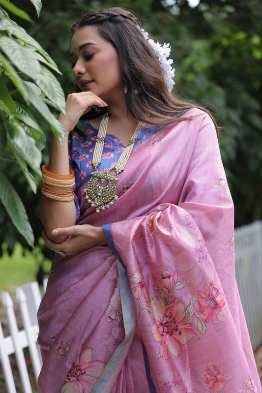 Floral Printed Tussar Silk Saree For Wedding