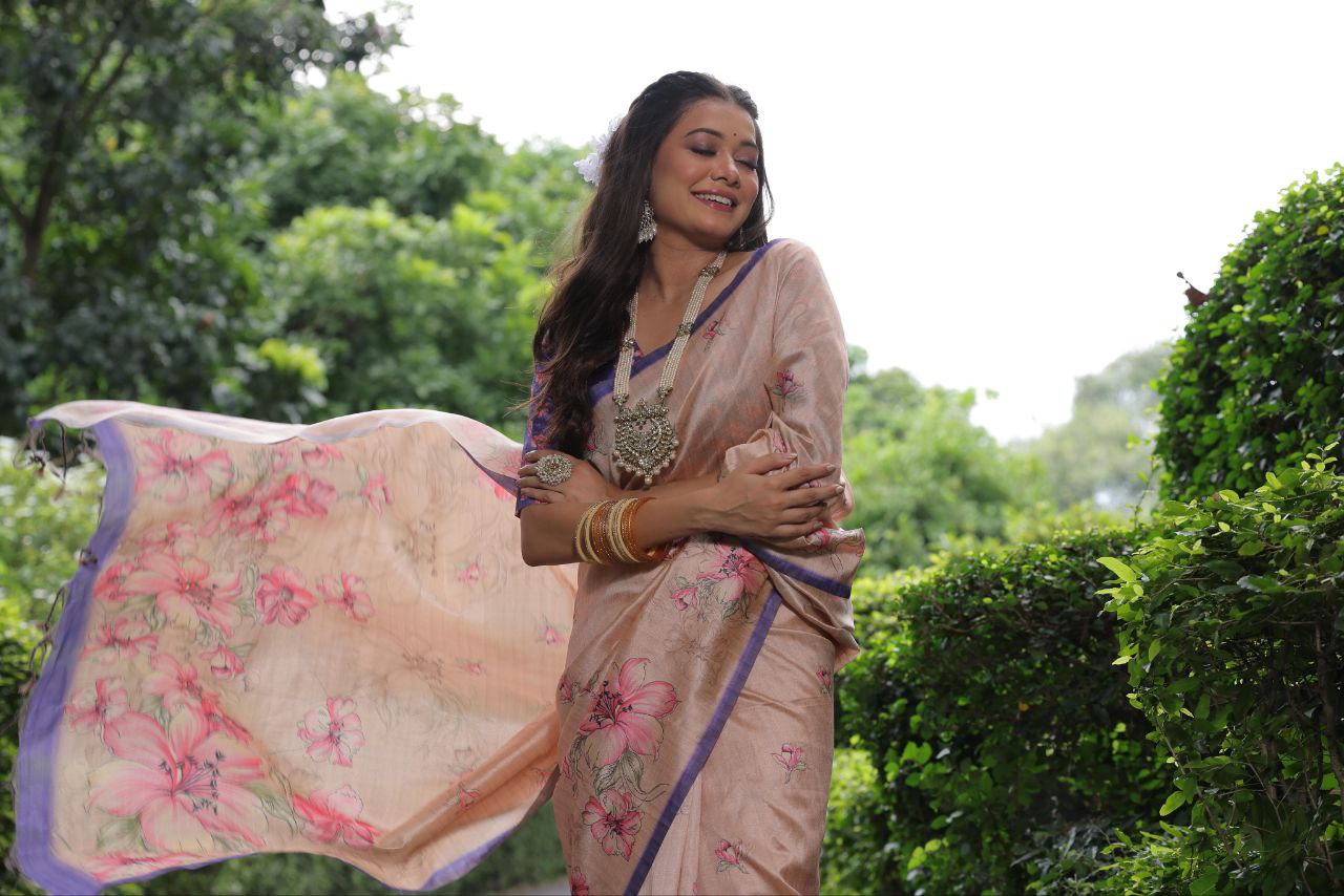 Floral Printed Tussar Silk Saree For Wedding