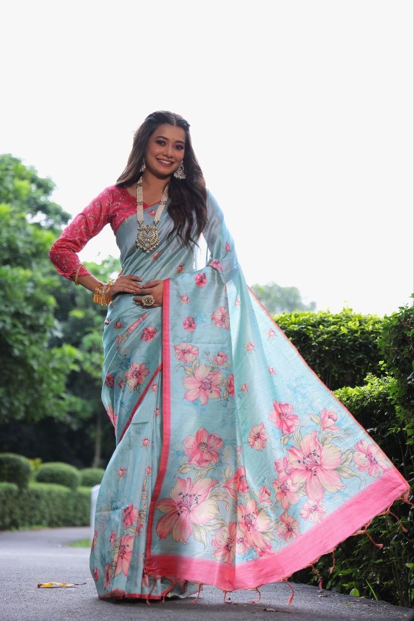 Floral Printed Tussar Silk Saree For Wedding