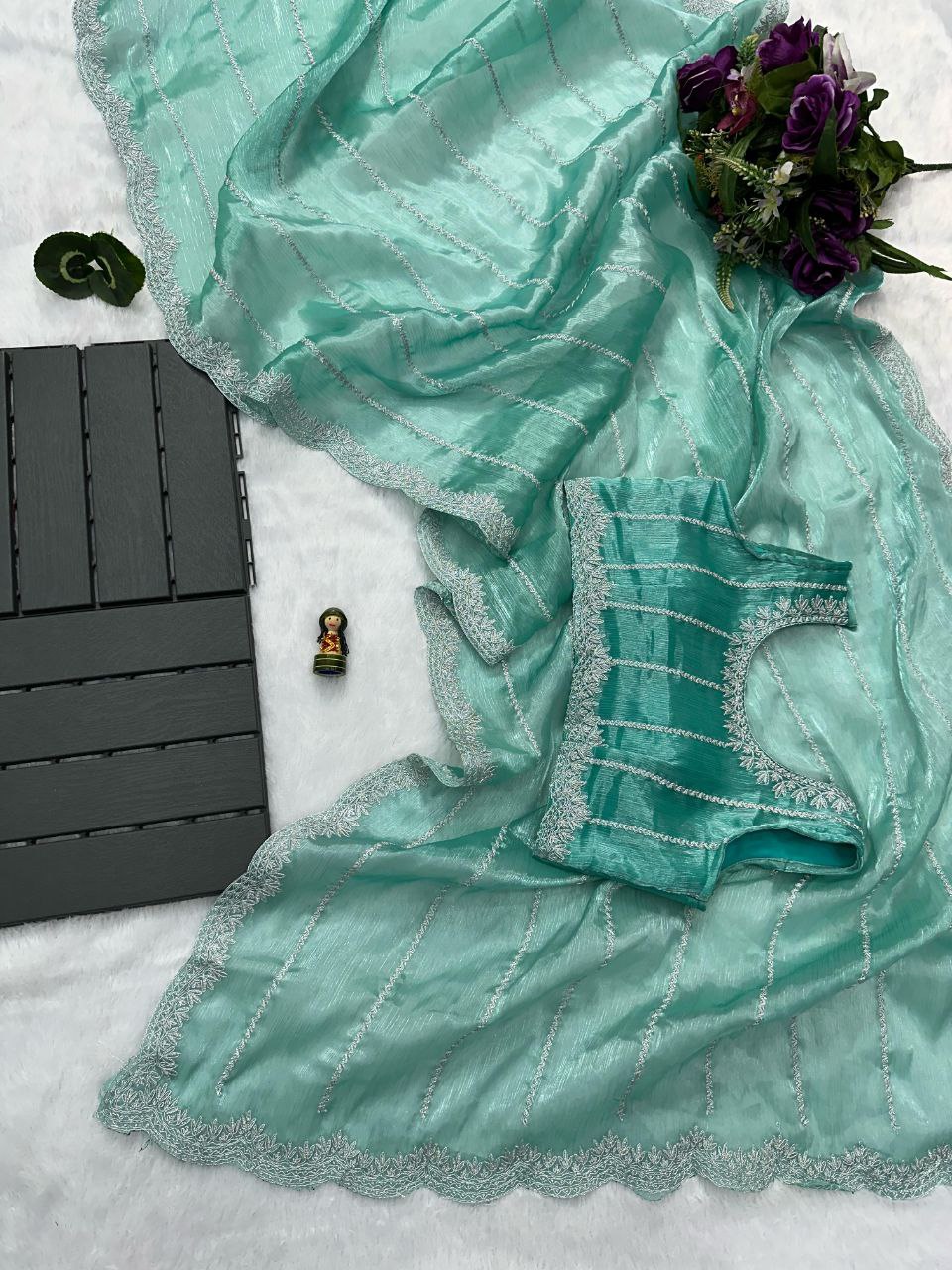 Fountain Blue Designer Burberry Silk Saree