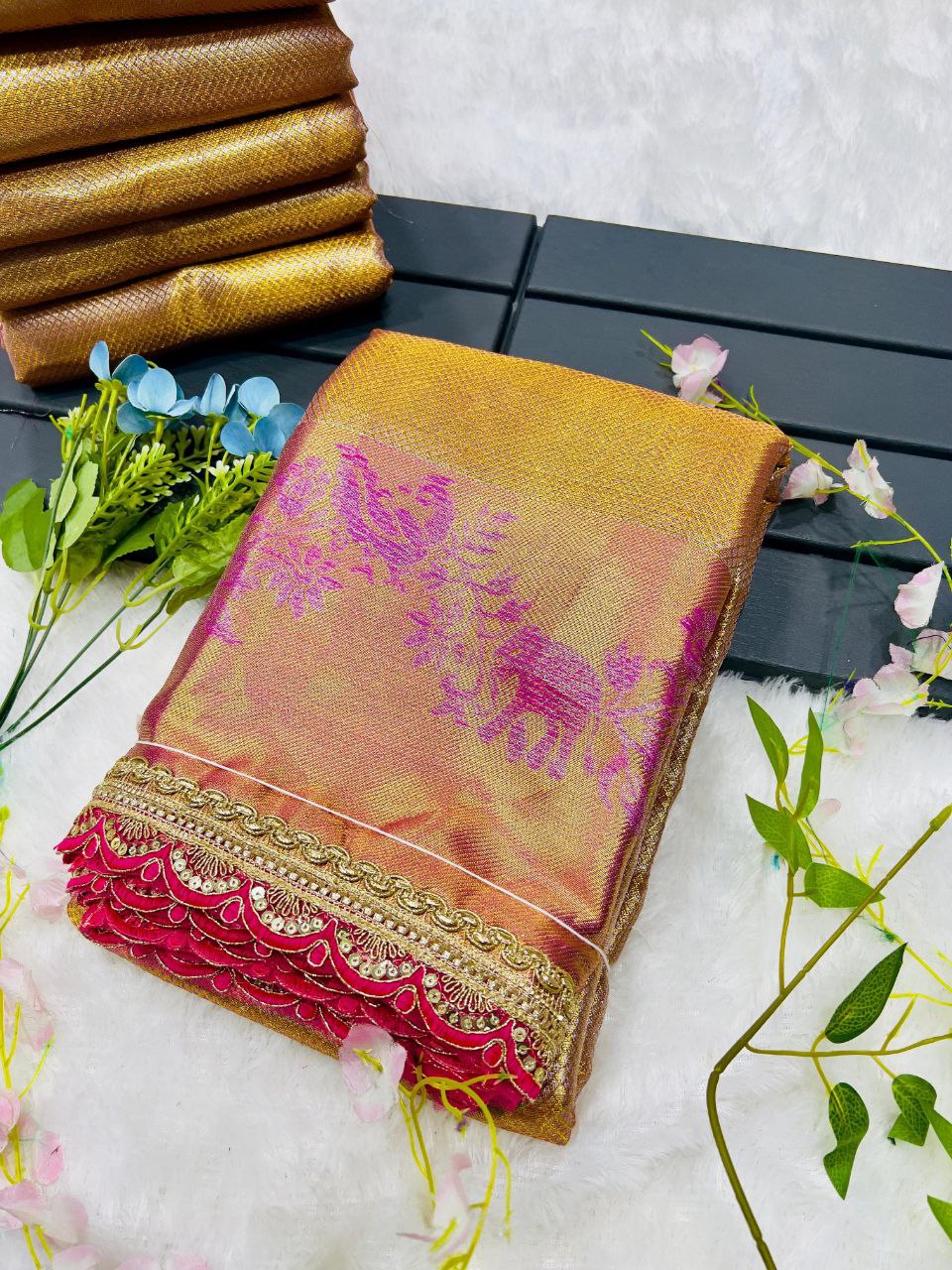 Golden Banarasi Handloom Tissue Silk Saree