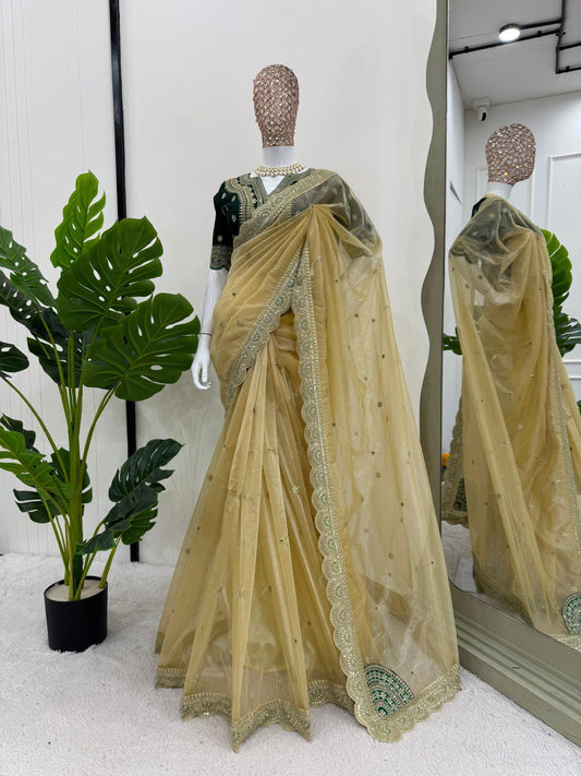 Golden Party Wear Net Saree