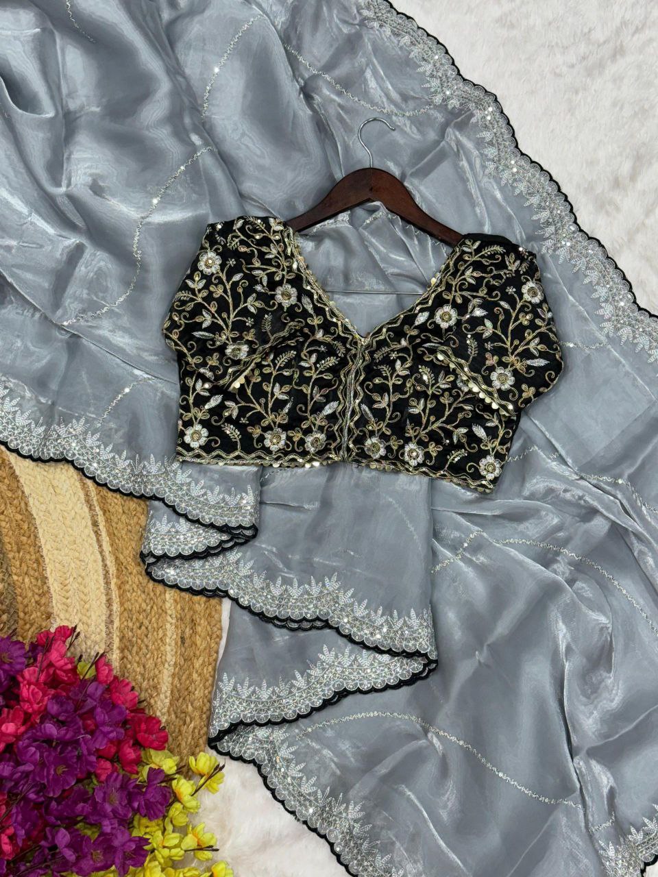 Gray Party Wear Zimmy Chhoo Silk Saree