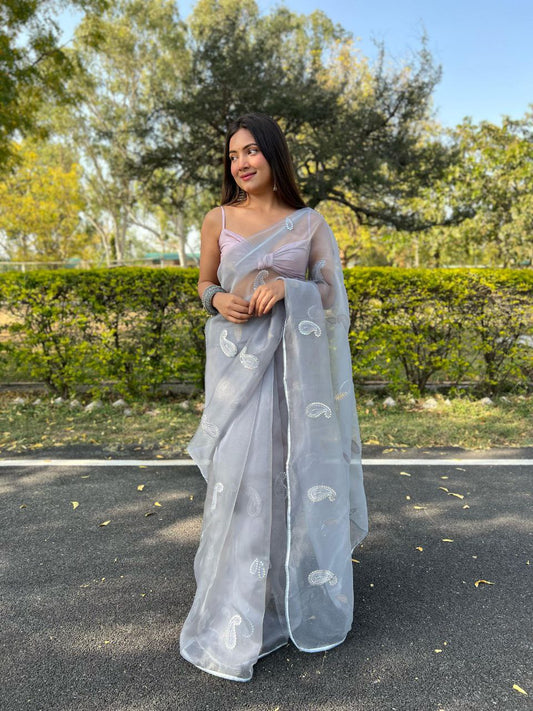 Gray Stylish Party Wear Organza Silk Saree