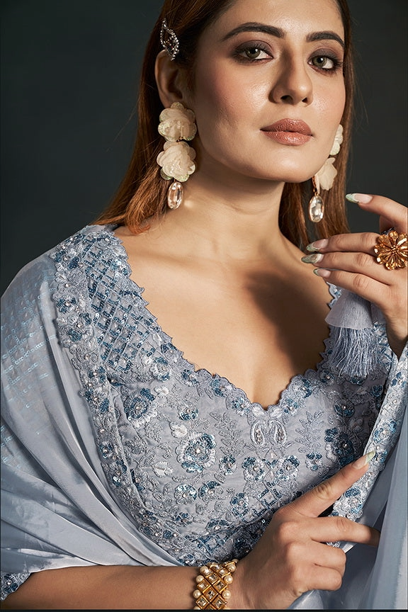 Gray Stylish Pre-Stitched Saree With Belt | Original Saree