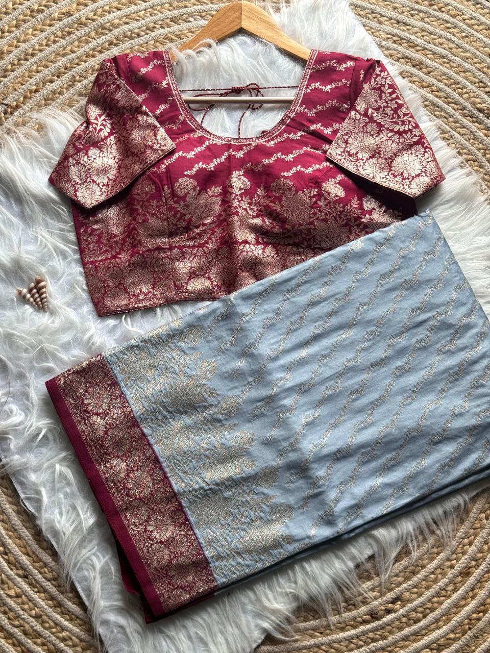 Gray Viscose Dola Silk Saree For Wedding