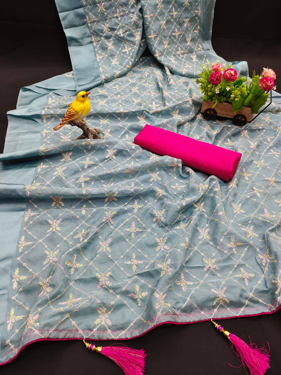 Grayish Blue Party Wear Satin Georgette Saree