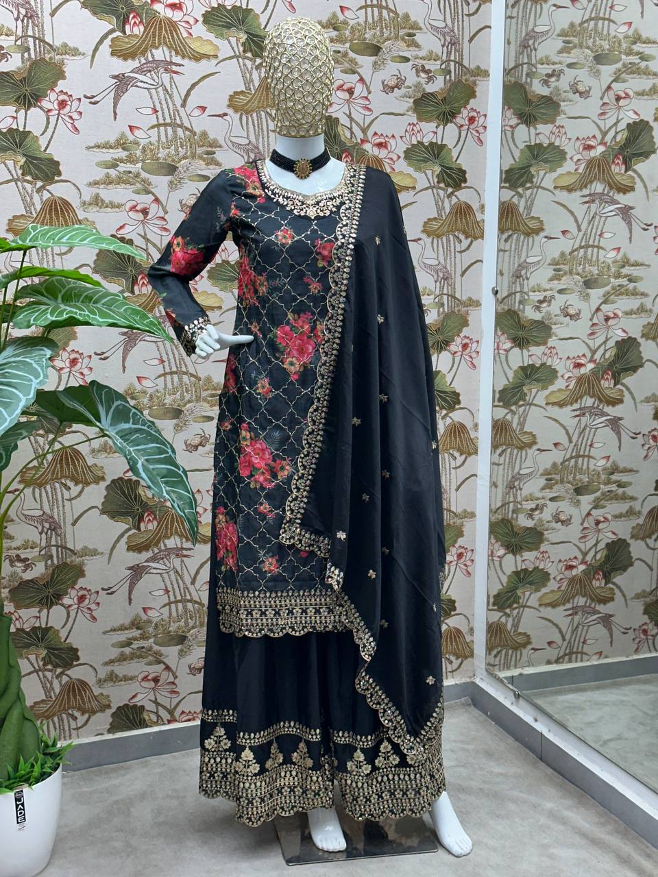 Black Chinon Silk Designer Kurta Set