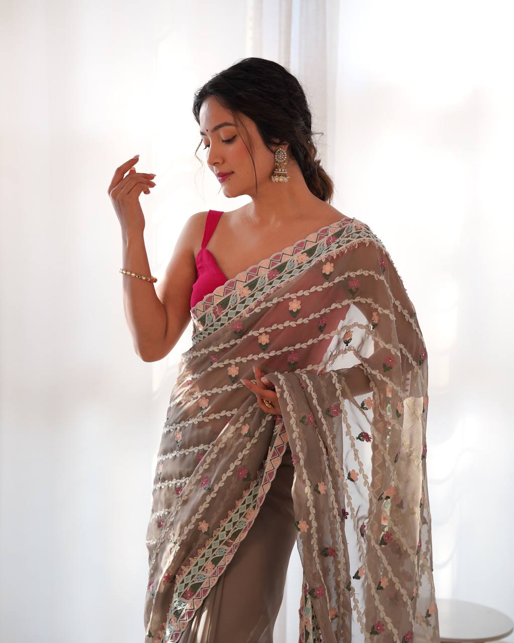 Gray Emroidery Worked Organza Silk Saree