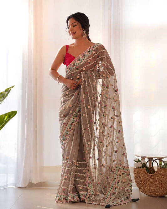 Gray Emroidery Worked Organza Silk Saree