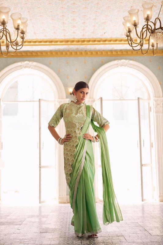 Green Ready Made Chinon Silk Saree