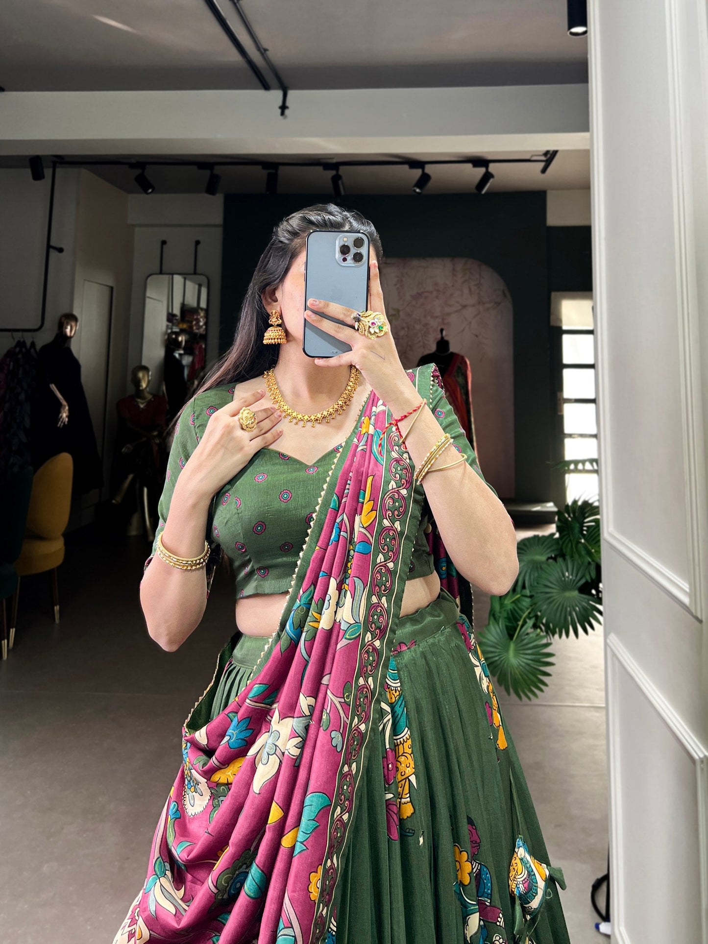 Green Traditional Tussar Silk Lehenga Choli