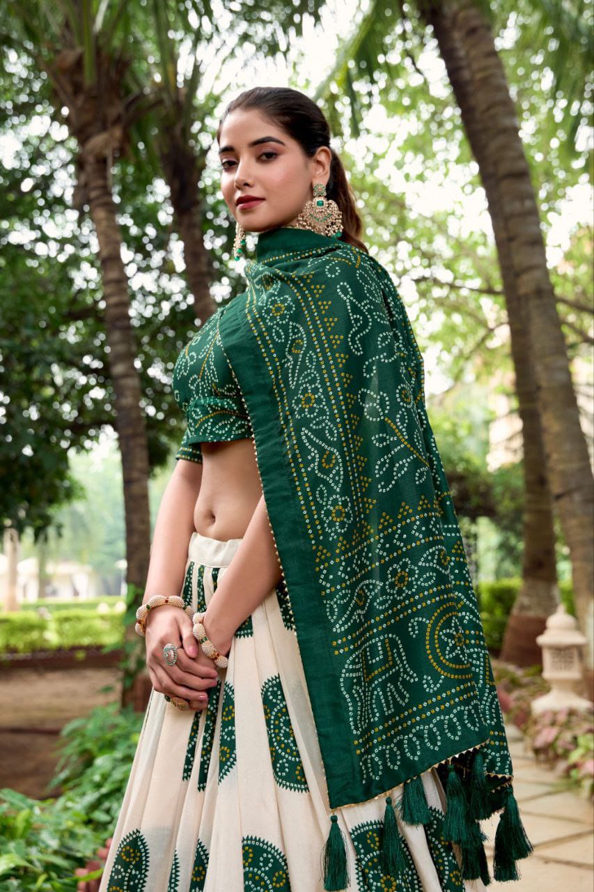 Green Wedding Wear Patola Printed Lehenga