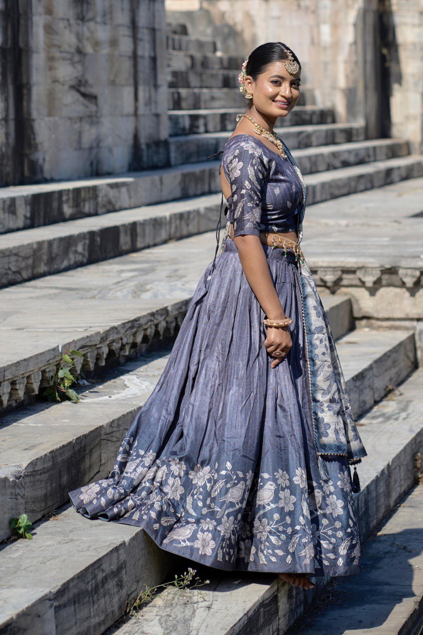 Grey Manipuri Silk Lehenga Choli