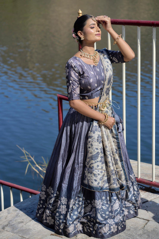 Grey Manipuri Silk Lehenga Choli