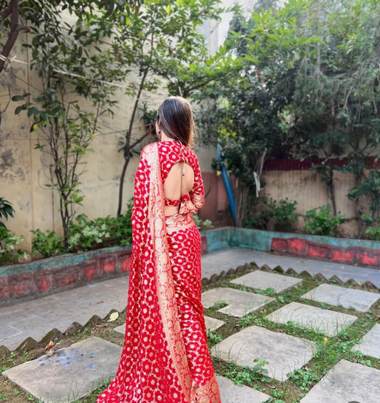 Hot Red Viscose Georgette Saree