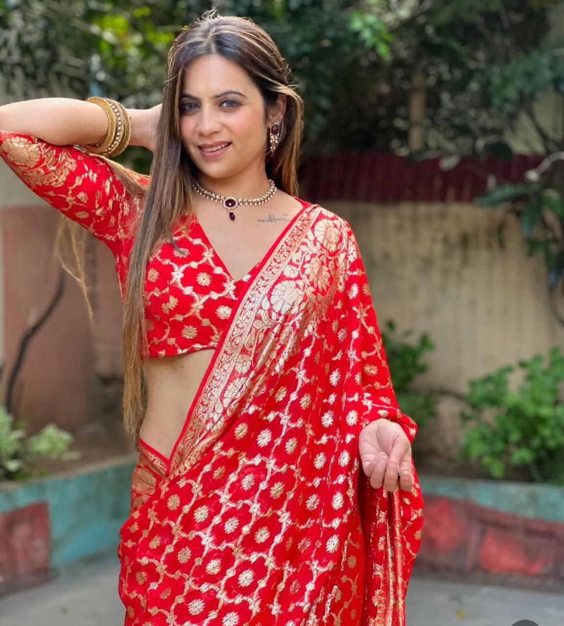 Hot Red Viscose Georgette Saree